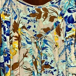 Tracy Reese Cream and Blue Floral Tunic with Pleated Tie Front